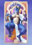  2020 abs anthro blue_body blue_scales card chair claws crystal_ball dragon fangs feet finger_claws flower furniture hi_res horn khuraji male muscular muscular_anthro muscular_male on_throne pecs plant quads scales scalie sharp_teeth sitting solo tarot_card teeth throne toe_claws white_eyes 