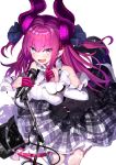  1girl bare_shoulders black_dress blue_eyes blush cable demon_girl demon_horns demon_tail detached_sleeves dress elizabeth_bathory_(fate) elizabeth_bathory_(fate)_(all) eyebrows eyebrows_visible_through_hair fang fate/extra fate/extra_ccc fate/grand_order fate_(series) frilled_sleeves frills highres holding holding_microphone horns long_hair long_sleeves looking_at_viewer microphone music ninoude_(ninoude44) open_mouth pink_hair pointy_ears singing smile solo standing star_(symbol) tail thighs tooth wrist_cuffs 