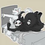  1:1 2020 anthro bed bed_sheet bedding black_body black_fur blush canid canine canis changed_(video_game) chest_tuft duo fur furniture goo_creature hi_res hug kalystri lin_(changed) male male/male mammal puro_(changed) simple_background stretching tuft white_body white_fur wolf 