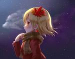  1girl aki_shizuha arinu bangs blonde_hair blush breath brown_scarf earrings from_side hair_ornament jewelry leaf_earrings leaf_hair_ornament long_sleeves night open_mouth orange_eyes outdoors plaid plaid_scarf scarf shadow short_hair solo touhou upper_body 