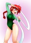  1girl absurdres athletic_leotard blue_eyes braid braided_ponytail commentary_request feet_out_of_frame genderswap genderswap_(mtf) green_leotard gymnastics_ribbon highres leotard looking_back nanao_futaba open_mouth pink_background ranma-chan ranma_1/2 red_hair saotome_ranma single_braid solo standing 