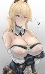  1girl ? archstreal arms_under_breasts bangs bare_shoulders blonde_hair blue_eyes bow breast_milk breasts cleavage closed_mouth covered_nipples detached_collar detached_sleeves gauntlets genshin_impact hair_bow highres jean_gunnhildr lactation lactation_through_clothes large_breasts looking_down multicolored multicolored_clothes ponytail see-through sidelocks sweat 