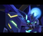  backlighting close-up g.yamamoto glowing glowing_eyes gundam gundam_build_divers gundam_build_divers_re:rise highres looking_down mecha nepteight_gundam neptune_(planet) no_humans planet science_fiction solo v-fin 