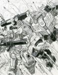  2boys alex_milne arm_cannon autobot clenched_hands commission dated decepticon explosion fighting gun highres holding holding_gun holding_weapon looking_down mecha megatron monochrome multiple_boys no_humans open_mouth optimus_prime traditional_media transformers weapon white_eyes 