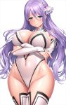  1girl blue_eyes breasts character_request closed_mouth covered_navel eyebrows_visible_through_hair hair_between_eyes hair_ribbon hip_focus lambda_(kusowarota) large_breasts long_hair princess_connect! princess_connect!_re:dive purple_hair ribbon simple_background smile solo standing thighhighs thighs white_background white_legwear white_ribbon 