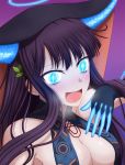  1girl bangs bare_shoulders black_dress black_gloves black_headwear blue_eyes blush breasts center_opening cleavage dress elbow_gloves fate/grand_order fate_(series) gloves glowing glowing_eyes hair_ornament halo hasebe_akira large_breasts leaf_hair_ornament long_hair looking_at_viewer open_mouth purple_background purple_hair smile very_long_hair yang_guifei_(fate/grand_order) 