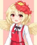  1girl :d animal_on_head apron bird black_bow black_neckwear blonde_hair blush bow bowtie breasts chick collared_shirt commentary eyebrows_visible_through_hair fang feathered_wings hat highres kfc long_sleeves mixed-language_commentary multicolored_hair niwatari_kutaka on_head open_mouth pillarboxed pink_background red_apron red_eyes red_hair red_headwear shiny shiny_hair shirt short_hair simple_background small_breasts smile solo tilt_gyx touhou two-tone_hair upper_body white_shirt wings 