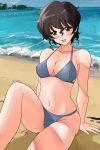  1girl akiyama_yoshiko artist_name bangs beach bikini blue_sky blush breasts brown_hair clear_sky commentary dated day eyebrows_visible_through_hair girls_und_panzer green_eyes grey_bikini horizon knee_up large_breasts looking_at_viewer matsui_yasutsugu mature navel ocean open_mouth outdoors shore signature sitting sky smile solo string_bikini swimsuit waves wavy_hair 