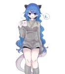  1girl alternate_costume animal_ears black_shorts blue_eyes blue_hair blush breasts chestnut_mouth coffee cup doremy_sweet drink feet_out_of_frame floral_print grey_legwear highres holding holding_cup hot_drink kneehighs knees_together_feet_apart long_hair long_sleeves looking_down medium_breasts no_hat no_headwear short_shorts shorts simple_background sleeves_past_wrists solo spoken_sweatdrop sweatdrop sweater tail tapir_ears tapir_tail touhou turtleneck turtleneck_sweater very_long_hair wavy_hair white_background zabuton_(mgdw5574) 