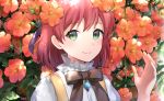  1girl akito_(yukiseakito) artist_name bangs blush bow brown_bow character_request closed_mouth eyebrows_visible_through_hair flower green_eyes hair_between_eyes hair_bow hand_up looking_at_viewer purple_bow red_flower red_hair shirt signature smile tales_weaver upper_body white_shirt 