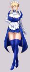  1girl apron artoria_pendragon_(all) artoria_pendragon_(lancer) ascot bangs blue_dress blue_legwear blush boots braid breasts brooch dress fate/grand_order fate_(series) french_braid full_body gloves hair_between_eyes high_heel_boots high_heels highres huge_breasts jewelry kumakichi_(cost-lost) long_hair long_sleeves looking_at_viewer maid_headdress puffy_short_sleeves puffy_sleeves short_sleeves sidelocks thigh_boots thighhighs waist_apron white_gloves 