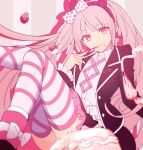  1girl aokiku bow cake collared_shirt danganronpa eyebrows_visible_through_hair fake_horns food food_on_face fork frilled_sleeves frills fruit hair_bow hairband head_tilt highres horns icing jacket leg_up long_hair long_sleeves open_clothes open_jacket pastry_bag pink_eyes pink_hair polka_dot polka_dot_bow shirt smile solo strawberry striped striped_background striped_legwear thighhighs twintails utensil_in_mouth utsugi_kotoko very_long_hair zettai_zetsubou_shoujo 