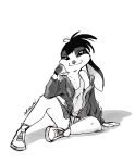  2020 absurd_res anthro clothed clothing female fully_clothed hi_res jacket lagomorph leporid looking_at_viewer mammal monochrome rabbit ribbontini shirt signature simple_background sitting smile smores_(ribbontini) solo tank_top topwear white_background 
