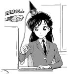  1girl closed_mouth collared_shirt ethernet_cable greyscale jacket keyboard_(computer) long_hair long_sleeves meitantei_conan monitor monochrome mouri_ran namesake necktie parody pointy_hair pun sakkan shirt solo wing_collar 