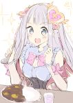  1girl :d absurdres atelier_(series) atelier_lulua bangs blue_shirt blush bow breasts brown_jacket cleavage cleavage_cutout clothing_cutout cup curry curry_rice dated drink drinking_glass elmerulia_fryxell eyebrows_visible_through_hair food grey_eyes grey_hair hair_ornament hands_up heart heart_cutout heart_hair_ornament highres holding holding_spoon jacket long_hair minidraco nail_polish off_shoulder open_clothes open_jacket open_mouth pink_bow pink_nails rice shirt simple_background sleeveless sleeveless_shirt small_breasts smile solo sparkle spoon table upper_body upper_teeth v-shaped_eyebrows white_background 