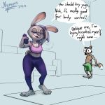  1:1 2020 anthro bodily_fluids canid canine clothed clothing dialogue disney duo english_text erection erection_under_clothing exercise eyes_closed female fox genital_fluids hi_res judy_hopps lagomorph leporid male mammal nick_wilde nymous precum precum_on_ground rabbit sweat text towel water_bottle yoga_pants zootopia 