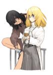  2girls andou_(girls_und_panzer) bespectacled black_eyes black_hair blonde_hair blue_eyes coffee_cup cropped_legs cup dark_skin disposable_cup girls_und_panzer_saishuushou glasses holding hood hoodie jacket long_sleeves medium_hair multiple_girls oshida_(girls_und_panzer) pants tan3charge turtleneck white_background white_jacket 