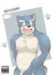  2020 absurd_res anthro belly black_nose blue_body blue_fur blush canid canine canis domestic_dog fur hi_res humanoid_hands kemono male mammal navel nekodon_san nipples slightly_chubby solo text white_body white_fur 