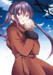  1girl bangs bare_tree brown_coat brown_mittens brown_scarf coat commentary_request day eyebrows_visible_through_hair fur-trimmed_sleeves fur_trim gochuumon_wa_usagi_desu_ka? hair_between_eyes hair_ornament hairclip hands_together hands_up highres kohakugin long_hair long_sleeves looking_at_viewer mittens open_mouth outdoors own_hands_together purple_eyes purple_hair scarf sidelocks solo tedeza_rize tree twintails upper_teeth very_long_hair 
