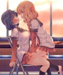  2girls blonde_hair blue_hair blush braid brown_eyes chair classroom curtains desk food furutani_himawari hair_ornament hairband hairclip highres indoors multiple_girls nanamori_school_uniform oomuro_sakurako open_mouth pocky pocky_kiss school_uniform serafuku short_hair takahero window yuri yuru_yuri 