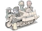  6+girls beanie black_hair blonde_hair blue_hair brodie_helmet brown_hair chito_(shoujo_shuumatsu_ryokou) coat cup_ramen eating food fur_trim genek green_coat green_pants hat helmet holding holding_food jacket kagamihara_nadeshiko kettenkrad kuraue_hinata military military_uniform multiple_girls muted_color pants pink_hair scarf shima_rin shoujo_shuumatsu_ryokou twintails uniform white_background yama_no_susume yukimura_aoi yurucamp yuuri_(shoujo_shuumatsu_ryokou) 