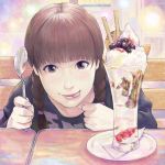  1girl :p blush braid brown_eyes brown_hair fingernails food highres holding holding_spoon ice_cream long_sleeves looking_at_viewer original pov_across_table realistic sakkan shirt smile solo spoon tongue tongue_out tray twin_braids 