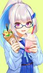  1girl :d bangs blue-framed_eyewear blue_bow blue_cardigan blue_serafuku blue_shirt blue_skirt blush bow cardigan commentary_request crepe cup disposable_cup drinking_straw eyebrows_visible_through_hair food glasses green_background hachinatsu hair_ornament hands_up high_ponytail holding holding_cup holding_food lize_helesta long_sleeves looking_at_viewer multicolored_hair nijisanji open_cardigan open_clothes open_mouth pleated_skirt pocky ponytail purple_eyes sailor_collar school_uniform sebastian_piyodore semi-rimless_eyewear serafuku shirt sidelocks silver_hair simple_background skirt sleeves_past_wrists smile solo two-tone_hair under-rim_eyewear virtual_youtuber white_sailor_collar 