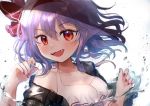  1girl :d alternate_costume blurry blush bow breasts cleavage collarbone commentary_request depth_of_field droplets earrings eyebrows_visible_through_hair fangs hair_between_eyes hair_bow hairband halterneck highres jewelry looking_at_viewer nail_polish omodaka_romu open_mouth purple_hair red_bow red_eyes red_hairband red_nails remilia_scarlet see-through_jacket shirt short_hair simple_background small_breasts smile solo touhou upper_body v-shaped_eyebrows white_background white_shirt 