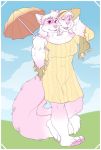  anthro barefoot clothing domestic_cat dress felid feline felis female grass hat headgear headwear hi_res mammal multi_head multi_tail outside pawpads plantigrade shadowpelt sky umbrella walking 