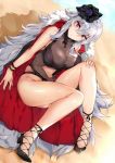  1girl azur_lane bangs black_flower black_rose black_swimsuit blush breasts clothing_cutout coat crossed_bangs flower fur-trimmed_coat fur_trim graf_zeppelin_(azur_lane) graf_zeppelin_(beachside_urd)_(azur_lane) hair_flower hair_ornament hidebuu iron_cross jacket jacket_on_shoulders large_breasts long_hair looking_at_viewer navel navel_cutout one-piece_swimsuit rose solo swimsuit very_long_hair wrist_straps 