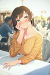  1girl bangs blew_andwhite blurry blurry_background blush brown_eyes brown_hair casual chair closed_mouth hand_on_own_cheek highres hiryuu_(kantai_collection) jewelry kantai_collection looking_at_viewer necklace ribbed_sweater ring short_hair sitting smile sweater table wedding_band yellow_sweater 