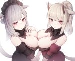  2girls animal_ears bicolored_eyes blush bow breast_hold breasts cat_smile catgirl cleavage cropped final_fantasy final_fantasy_xiv gray_hair headdress horns miqo&#039;te ponytail red_eyes rot_lapin short_hair signed tail white 