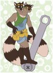  anthro bolt_(fastener) canid canine clothing eyewear goggles hi_res male mammal multi_head multi_tail overalls plantigrade raccoon_dog shadowpelt shirt shortalls solo standing tank_top tanuki tool_belt tools topwear wrench 