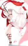 1girl alternate_costume alternate_hairstyle armlet bare_shoulders bracelet commentary_request dancer dress edelgard_von_hresvelg fire_emblem fire_emblem:_three_houses floating_hair highres holding holding_sword holding_weapon jewelry long_hair looking_at_viewer mueririko necklace parted_lips pelvic_curtain ponytail purple_eyes shawl side_ponytail silver_hair solo sword teeth weapon white_background white_dress 