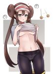  1girl :o ? afterimage ass_visible_through_thighs black_legwear blue_eyes blush breasts breasts_apart brown_hair cla_(finesoda) clothes_lift clothes_pull crotch_seam double_bun empty_eyes grey_shirt heart heart-shaped_pupils heavy_breathing highres hypnosis lifted_by_self long_hair mind_control motion_lines navel no_bra open_mouth panties panties_under_pantyhose pantyhose pendulum pokemon pokemon_(game) pokemon_bw2 rosa_(pokemon) shirt shirt_lift short_sleeves sidelocks small_breasts solo speech_bubble spoken_question_mark stomach symbol-shaped_pupils twintails two-tone_background underboob underwear very_long_hair visor_cap white_headwear 