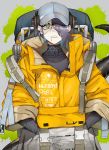  1girl absurdres arknights asbestos_(arknights) backpack bag baseball_cap eyepatch green_eyes hair_over_one_eye hands_in_pockets hat headphones highres jacket purple_hair saiun_sigma salamander_tail sharp_teeth slit_pupils splatter_background tail teeth yellow_jacket 