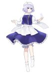  1girl bangs blue_eyes blue_skirt full_body hat letty_whiterock long_sleeves norichiizu scarf short_hair silver_hair simple_background skirt smile snowflakes socks solo standing touhou twitter_username white_background white_legwear white_scarf yuki_onna 