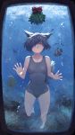  1girl absurdres against_glass air_bubble animal_ears aquarium barefoot black_hair bubble bubble_blowing cat_ears closed_eyes competition_swimsuit fish glass highres holding_breath mistletoe ocean_bottom one-piece_swimsuit original rou_(rou22) school_of_fish short_hair swimsuit underwater window 