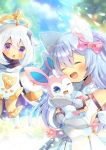  2girls :d ^_^ animal_ear_fluff animal_ears bangs bare_shoulders black_gloves blue_eyes blue_hair blurry blurry_background boots bow character_request chestnut_mouth closed_eyes crossover depth_of_field detached_sleeves dress eyebrows_visible_through_hair fang genshin_impact gloves hair_between_eyes hair_bow halo hug indie_virtual_youtuber knee_boots kouu_hiyoyo long_hair long_sleeves multiple_girls open_mouth paimon_(genshin_impact) parted_lips partially_fingerless_gloves pink_bow purple_eyes shimo_hisae silver_hair sleeves_past_wrists smile vambraces white_dress white_footwear white_sleeves 