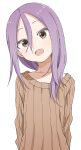 1girl :d absurdres bangs brown_eyes brown_sweater collarbone commentary_request hair_between_eyes head_tilt highres long_hair looking_at_viewer open_mouth parted_bangs purple_hair ribbed_sweater shougi_no_yatsu simple_background smile solo sweater upper_body white_background yamamoto_souichirou yaotome_urushi 