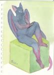  absurd_res anthro dragon drawing feet female flat_chested hi_res looking_down painting_(artwork) paws pehiko raised_leg relaxing sitting traditional_media_(artwork) watercolor_(artwork) wings woolier 