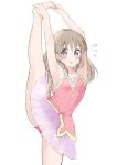  1girl :o absurdres armpits arms_up atelier_(series) atelier_totori bangs bare_arms bare_shoulders barefoot blush brown_hair dress eyebrows_visible_through_hair flying_sweatdrops grey_eyes hair_between_eyes highres leg_up long_hair looking_at_viewer minidraco panties parted_lips pink_dress pink_panties simple_background sleeveless sleeveless_dress solo split standing standing_on_one_leg standing_split totooria_helmold underwear very_long_hair white_background 