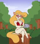  animaniacs anthro bedroom_eyes big_breasts bikini breasts clothing crossed_legs female forest looking_at_viewer mammal minerva_mink mink mustelid musteline narrowed_eyes seductive smile solo swimwear tablet teer tree tree_stump warner_brothers 