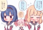  3girls blonde_hair food furutani_himawari hair_bobbles hair_ornament long_hair multiple_girls nanamori_school_uniform oomuro_sakurako open_mouth pink_hair pocky school_uniform serafuku takahero translation_request twintails yoshikawa_chinatsu yuru_yuri 