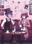  2boys 310v3 alternate_costume artist_name black_gloves blue_neckwear blush coat collared_shirt couch cuffs cup danganronpa detective english_commentary english_text eyebrows_visible_through_hair eyes eyes_visible_through_hair flower flying_sweatdrops folder gloves hair_between_eyes half_gloves hand_on_thigh handcuffs hat hat_feather highres holding holding_cup indoors long_sleeves magnifying_glass map mask mug multiple_boys necktie new_danganronpa_v3 one_eye_closed open_mouth ouma_kokichi painting_(object) photo_(object) picture_frame plant poster_(object) purple_eyes purple_hair pushpin saihara_shuuichi saucer shirt short_hair signature sitting smile spoon sticky_note sweat table teaspoon thief tie_clip top_hat twitter_username vase vest wanted yaoi yellow_eyes 