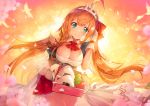  animal applecaramel_(acaramel) bird braids breasts cherry_blossoms cleavage clouds flowers food gloves green_eyes long_hair orange_hair pecorine petals princess_connect! signed skirt sky tiara 