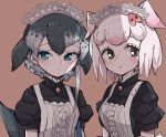  2girls alternate_costume animal_ears apron black_dress blue_eyes blush bow brown_eyes collar dress enmaided eyebrows_visible_through_hair frilled_collar frills grey_hair hair_bow high_collar kanmoku-san kemono_friends kemono_friends_3 maid maid_apron maid_headdress multicolored_hair multiple_girls narwhal_(kemono_friends) pig_(kemono_friends) pig_ears pink_hair puffy_short_sleeves puffy_sleeves short_hair short_hair_with_long_locks short_sleeves white_dress white_hair 