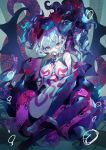  1girl black_skin body_markings breasts bubble dark_persona emoillu fate/grand_order fate_(series) fingernails highres katsushika_hokusai_(fate/grand_order) red_eyes sharp_fingernails smile tentacles underwater white_hair white_skin 