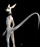  3d_(artwork) ambiguous_gender anthro big_tail black_lips butt collar digital_media_(artwork) hairless lips long_tail monster nude pale_skin pointy_nose saz sazemek slim smooth_skin solo white_body 