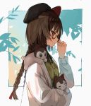  1girl animal animal_ears animal_on_shoulder beret black_headwear black_neckwear blush braid braided_ponytail brown_eyes brown_hair dog dog_ears dress from_side glasses gold-framed_eyewear green_dress hat highres holding holding_animal inui_toko jacket long_sleeves neck_ribbon nijisanji playing_with_own_hair ribbon sen_(sennosenn1127) upper_body 